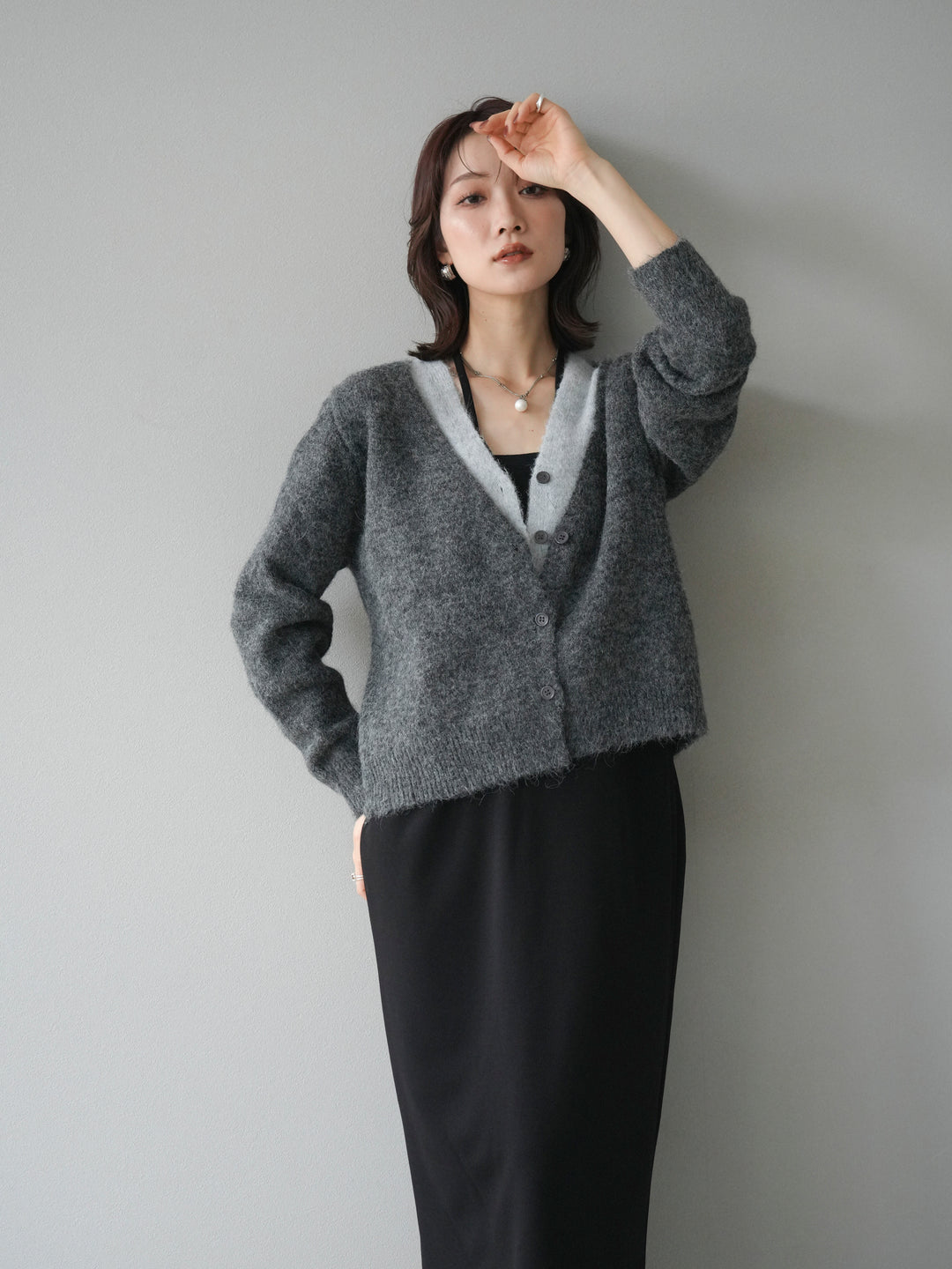 [予約]配色レイヤードニットカーディガン/gray