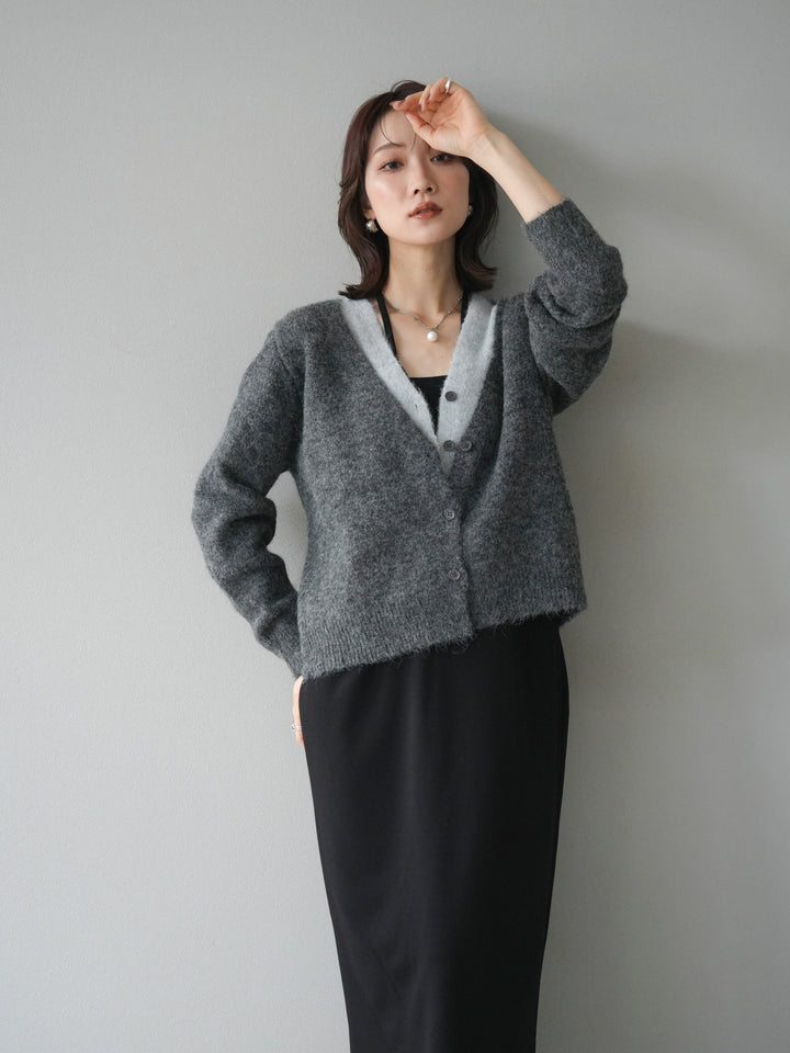 [予約]配色レイヤードニットカーディガン/gray