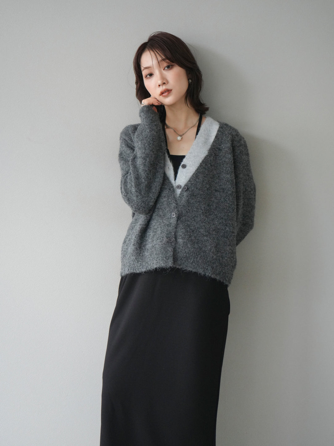 [予約]配色レイヤードニットカーディガン/gray