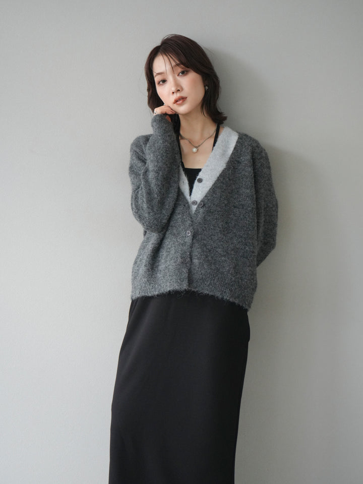 [予約]配色レイヤードニットカーディガン/gray