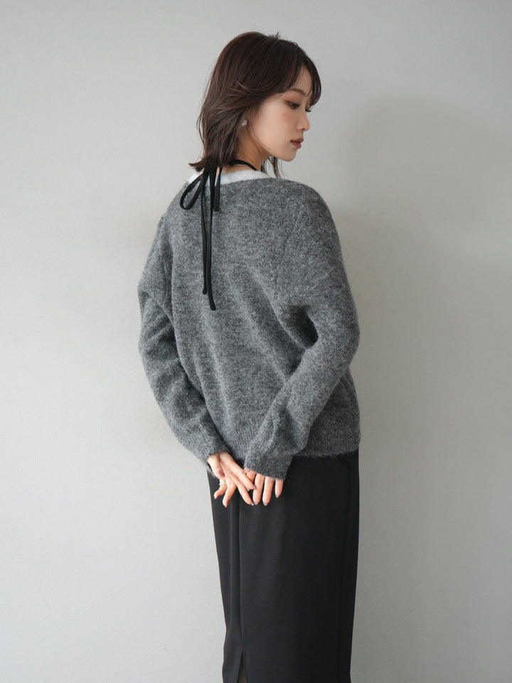 [予約]配色レイヤードニットカーディガン/gray
