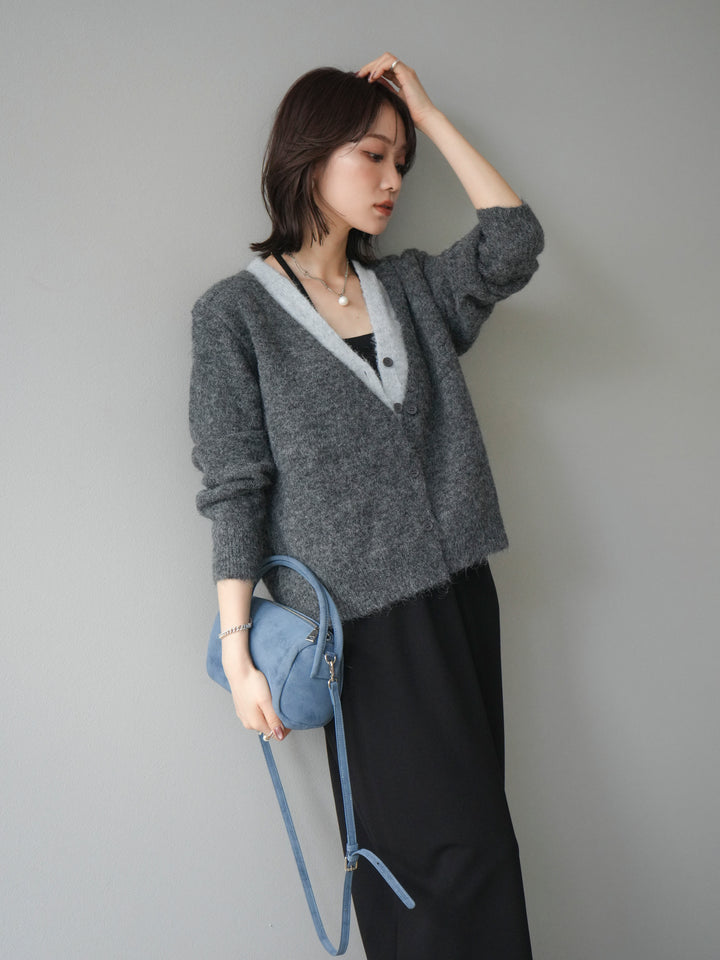[予約]配色レイヤードニットカーディガン/gray