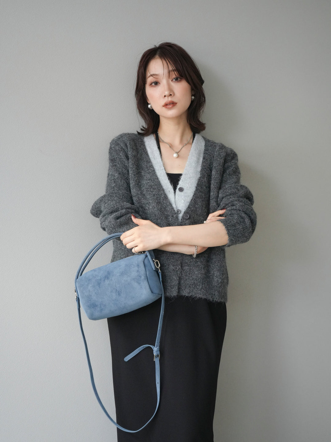 [予約]配色レイヤードニットカーディガン/gray