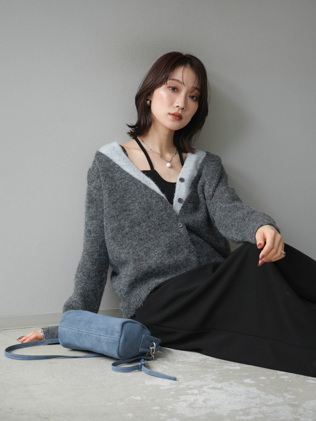 [予約]配色レイヤードニットカーディガン/gray
