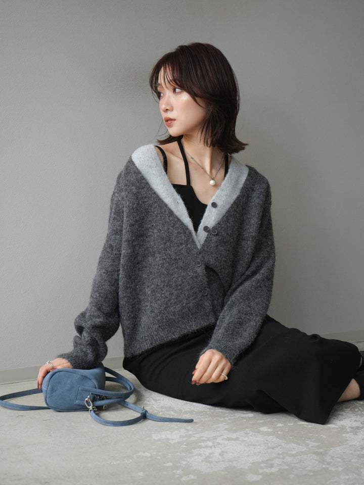 [予約]配色レイヤードニットカーディガン/gray