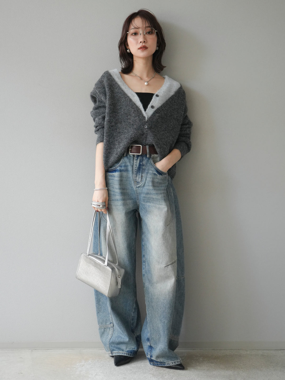 [予約]配色レイヤードニットカーディガン/gray