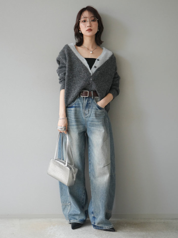 [予約]配色レイヤードニットカーディガン/gray