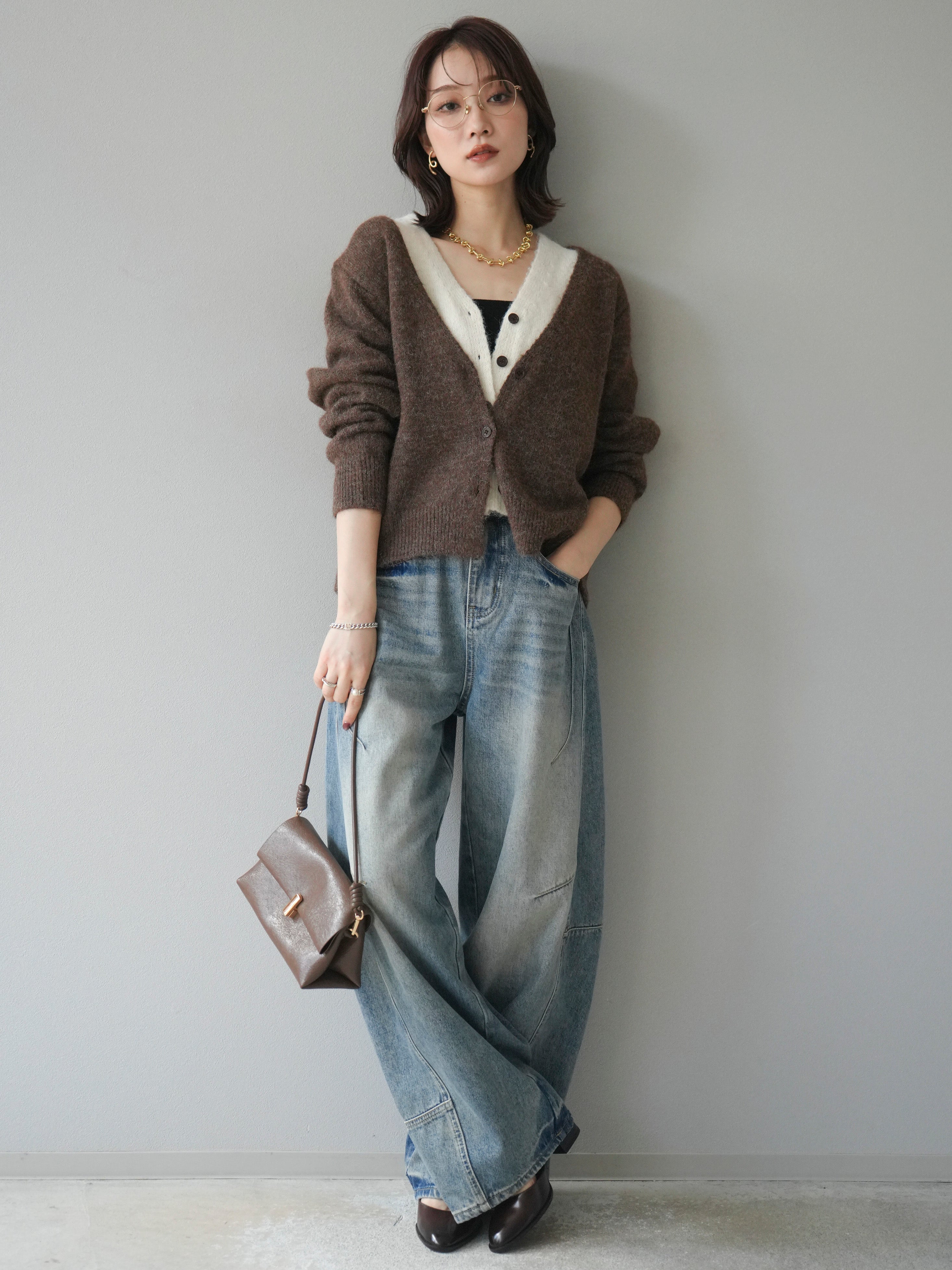 予約]配色レイヤードニットカーディガン/brown – Lumier