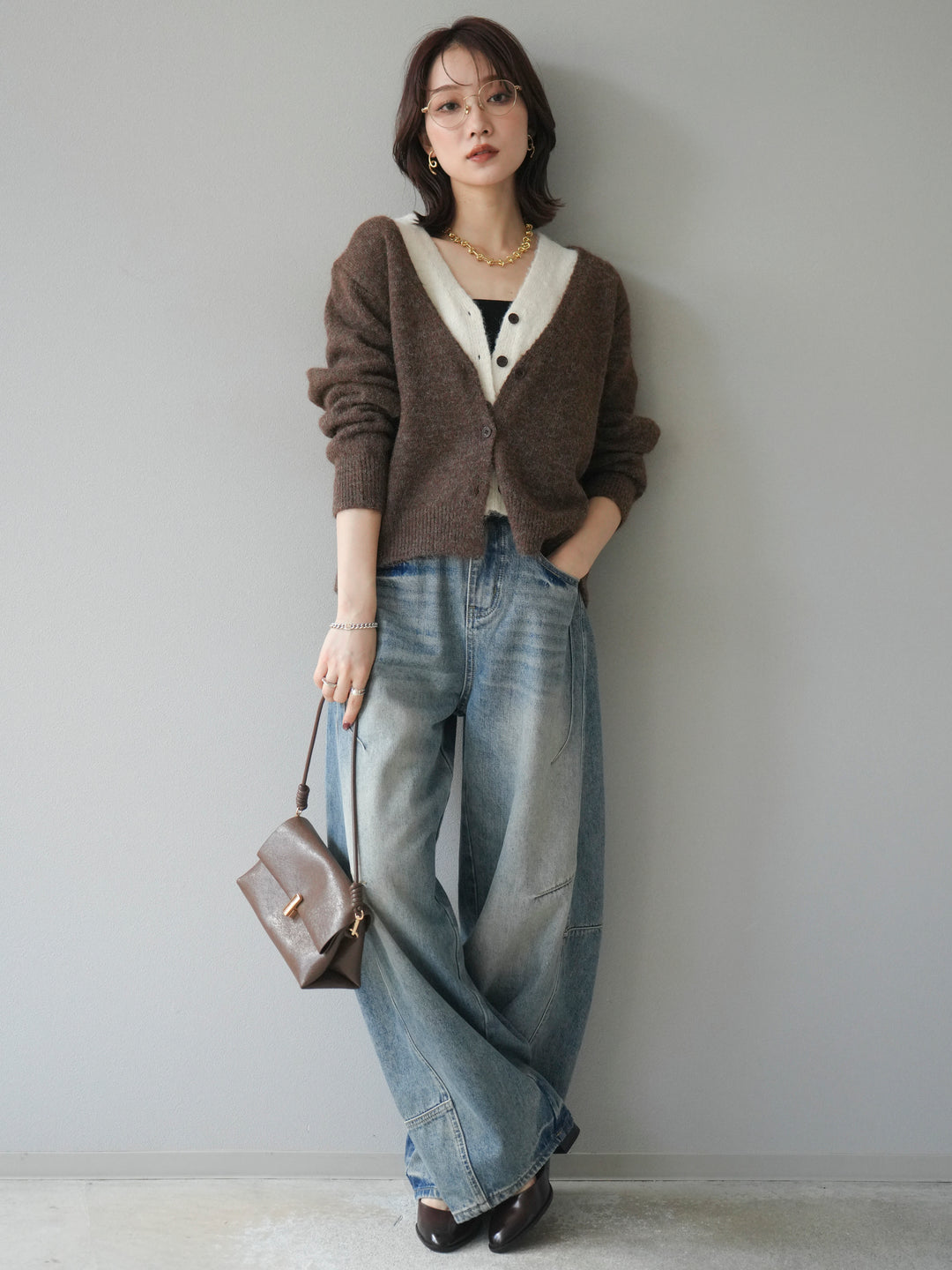 [予約]配色レイヤードニットカーディガン/brown