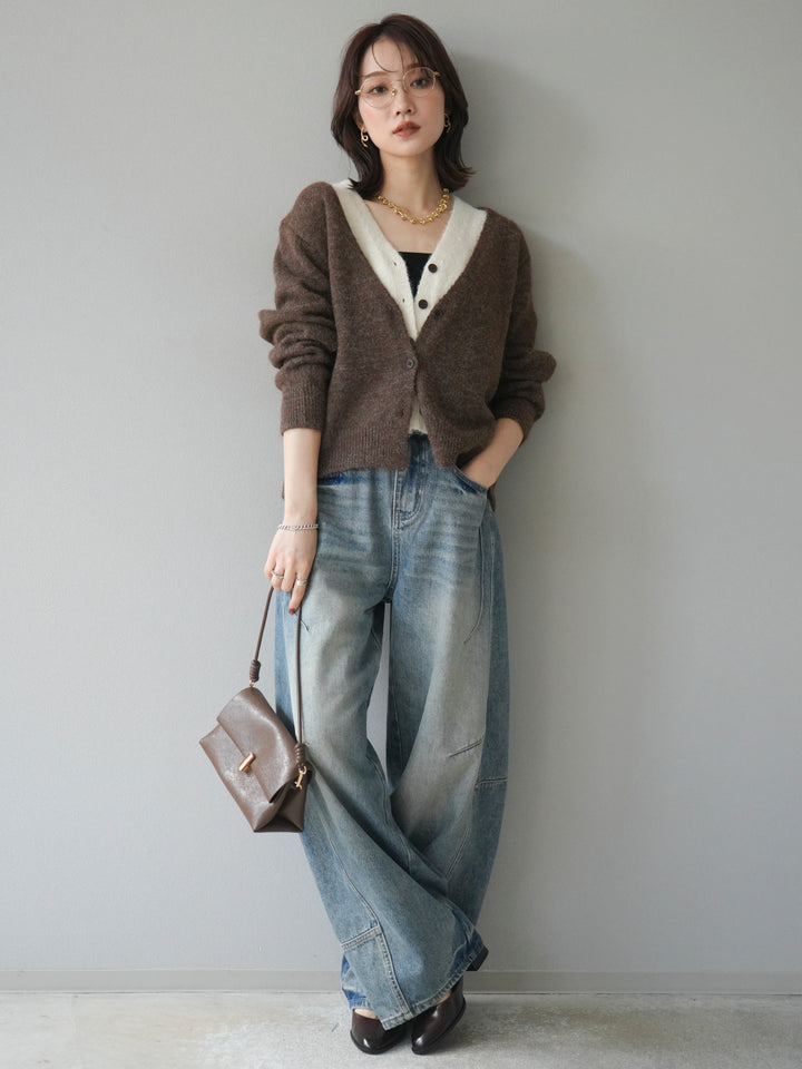 [予約]配色レイヤードニットカーディガン/brown