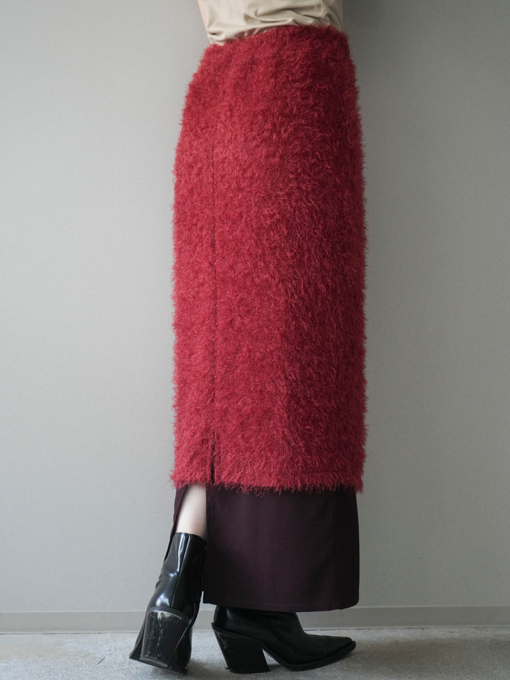 [予約]異素材バイカラーレイヤードシャギーニットスカート/red