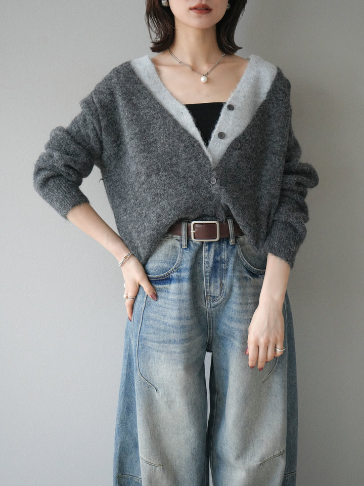 [予約]配色レイヤードニットカーディガン/gray