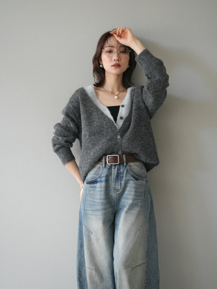 [予約]配色レイヤードニットカーディガン/gray