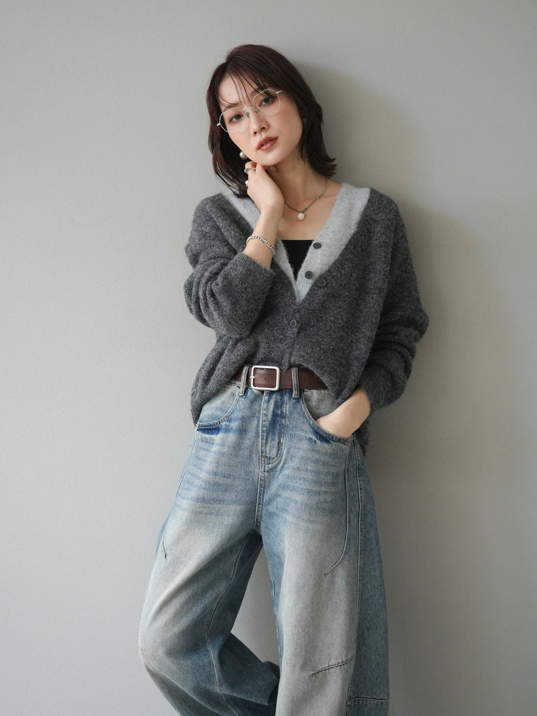 [予約]配色レイヤードニットカーディガン/gray