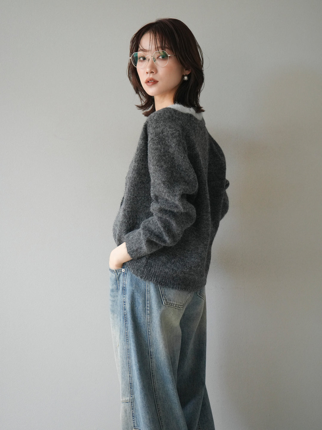 [予約]配色レイヤードニットカーディガン/gray