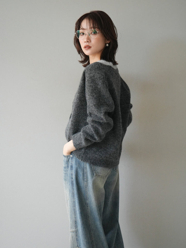 [予約]配色レイヤードニットカーディガン/gray