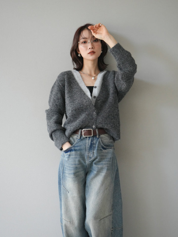 [予約]配色レイヤードニットカーディガン/gray
