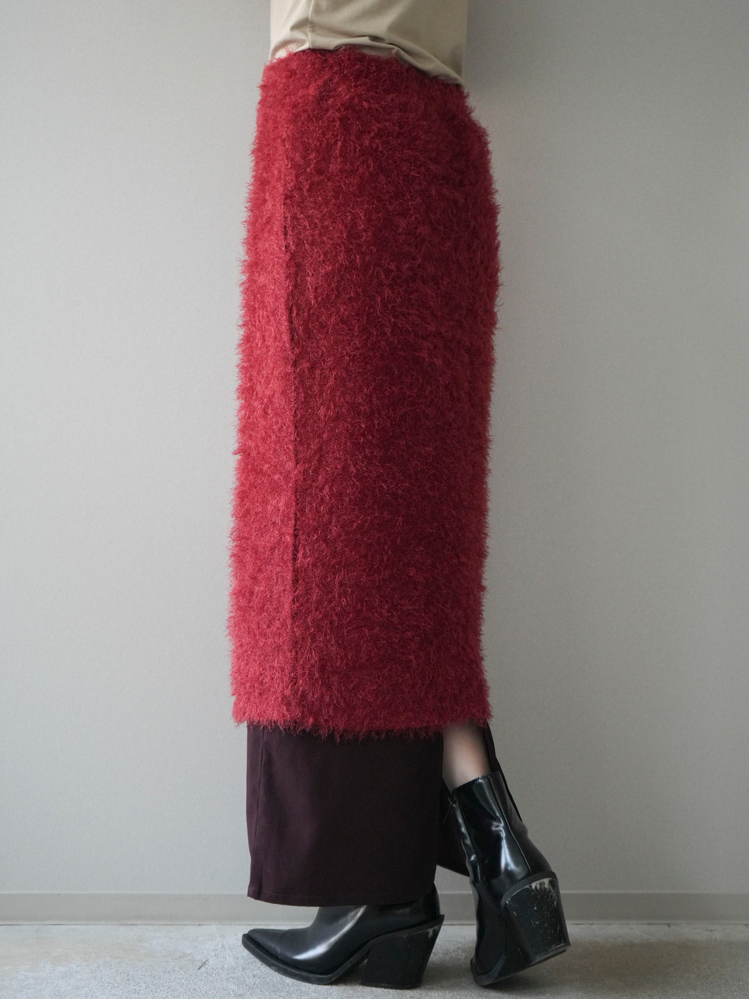 [予約]異素材バイカラーレイヤードシャギーニットスカート/red