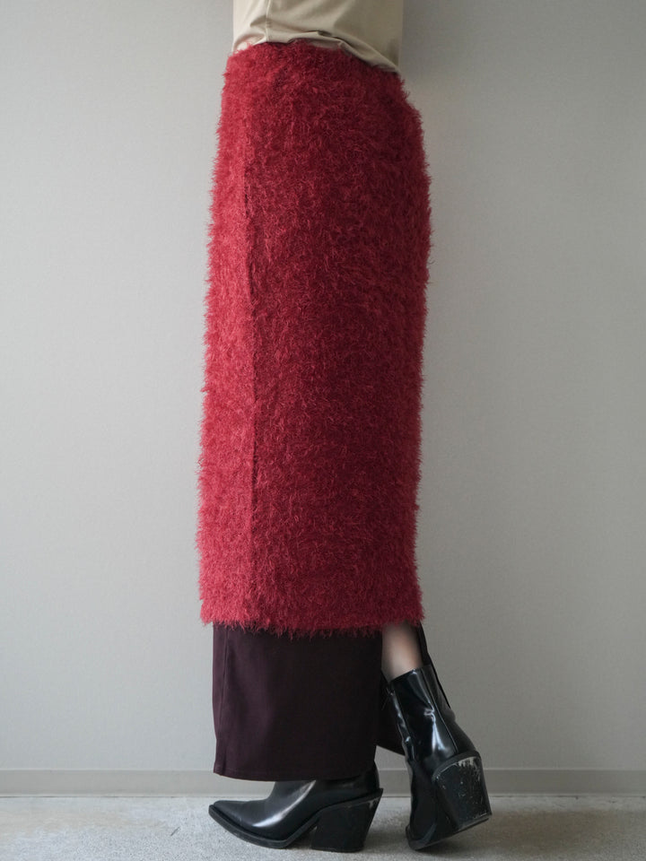 [予約]異素材バイカラーレイヤードシャギーニットスカート/red