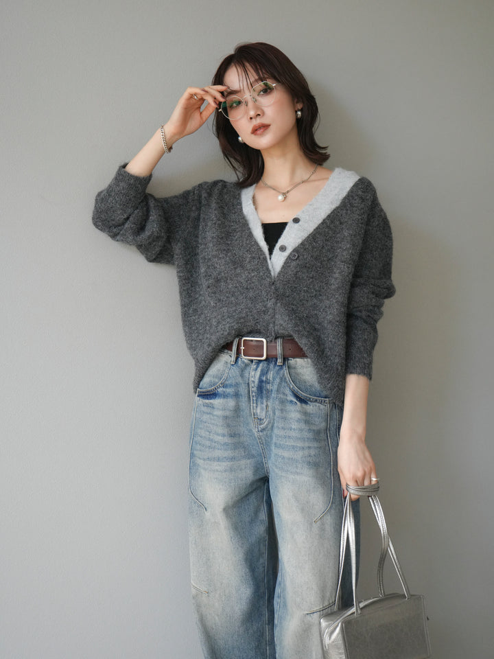 [予約]配色レイヤードニットカーディガン/gray
