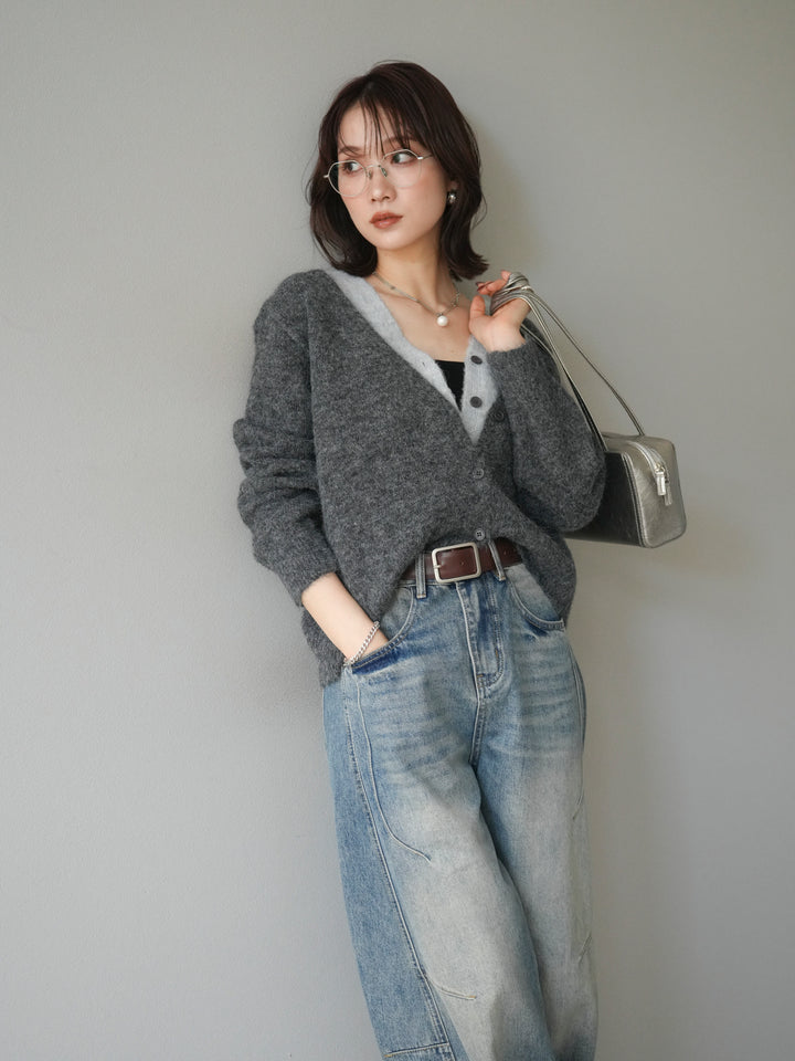 [予約]配色レイヤードニットカーディガン/gray