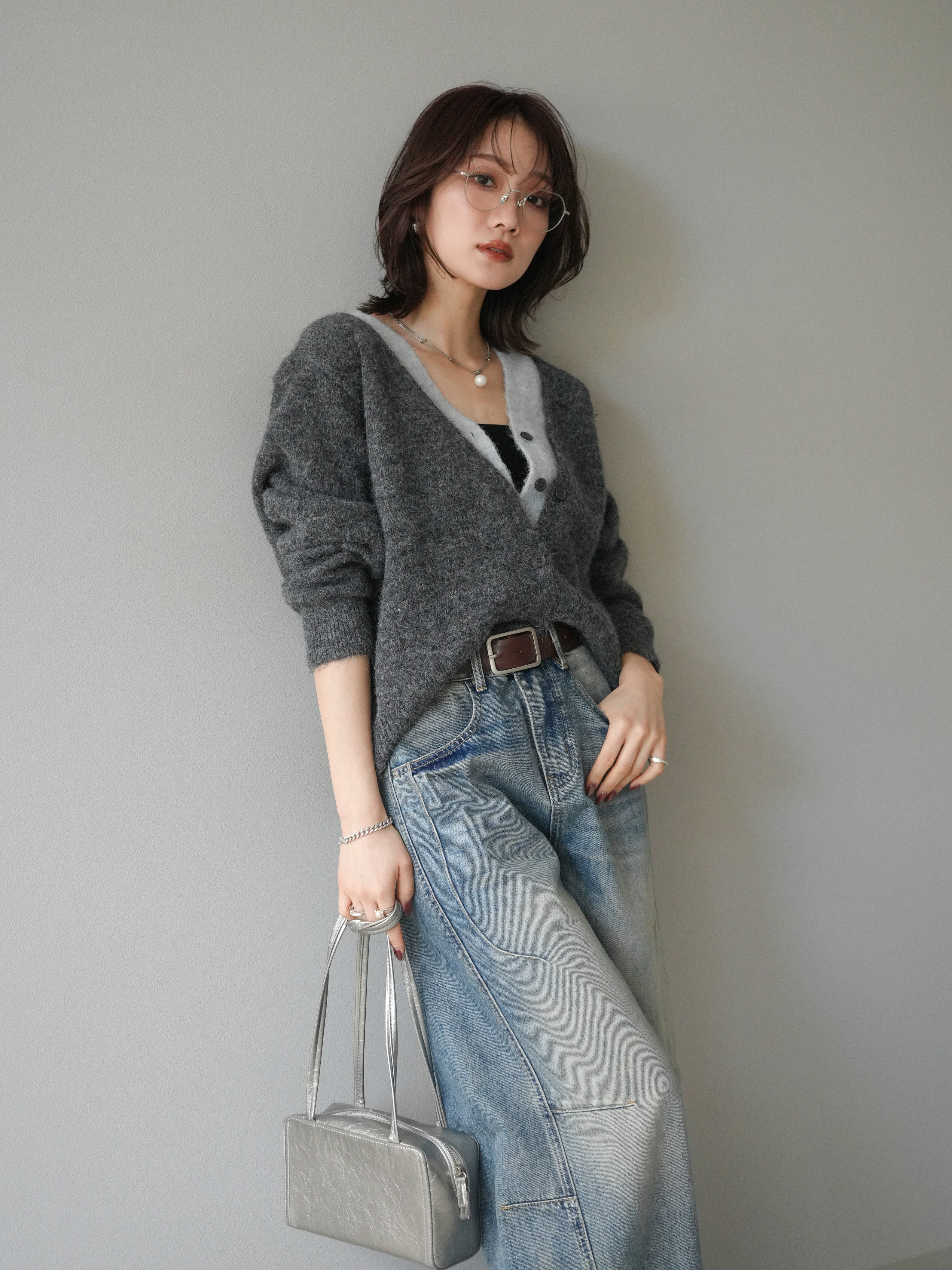 予約]配色レイヤードニットカーディガン/gray – Lumier