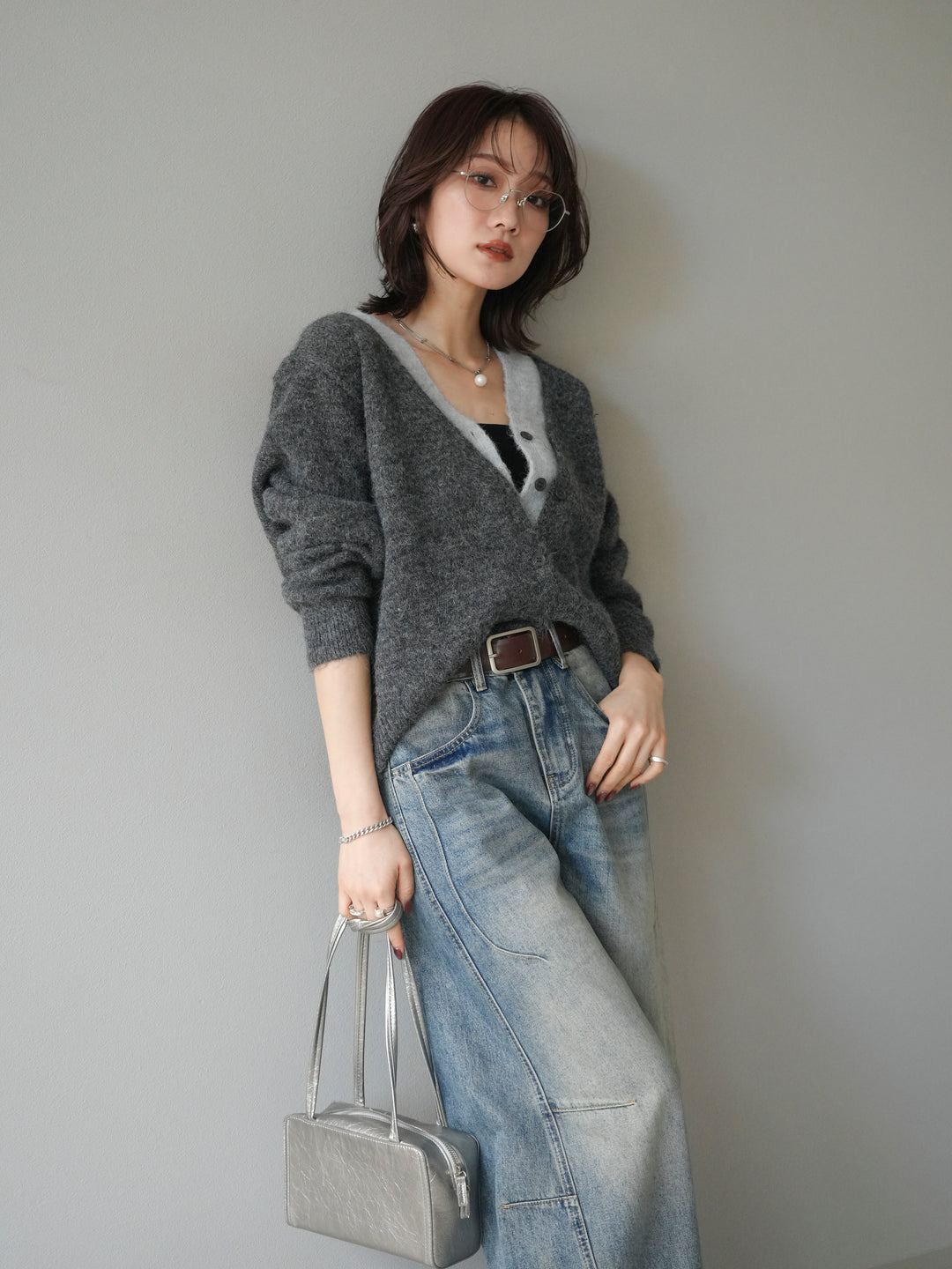 [予約]配色レイヤードニットカーディガン/gray