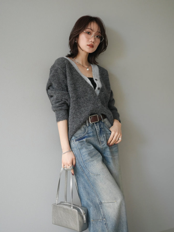 [予約]配色レイヤードニットカーディガン/gray