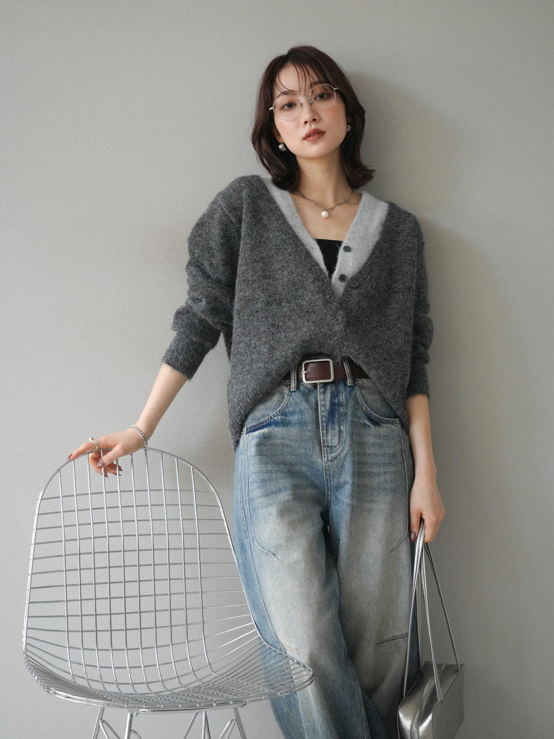 [予約]配色レイヤードニットカーディガン/gray