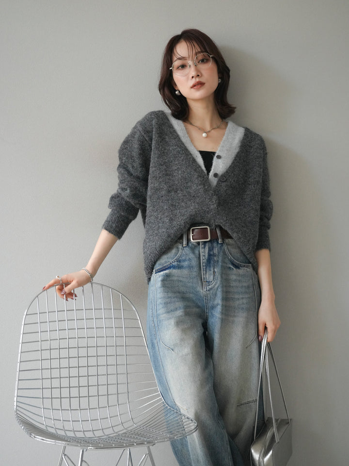 [予約]配色レイヤードニットカーディガン/gray