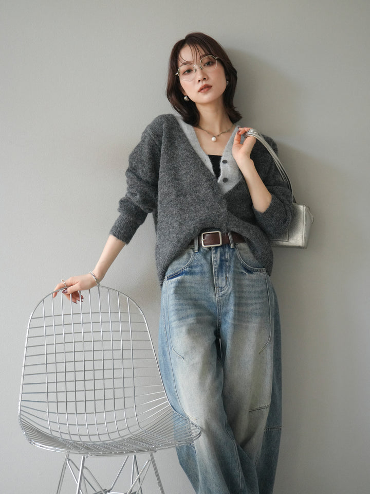 [予約]配色レイヤードニットカーディガン/gray