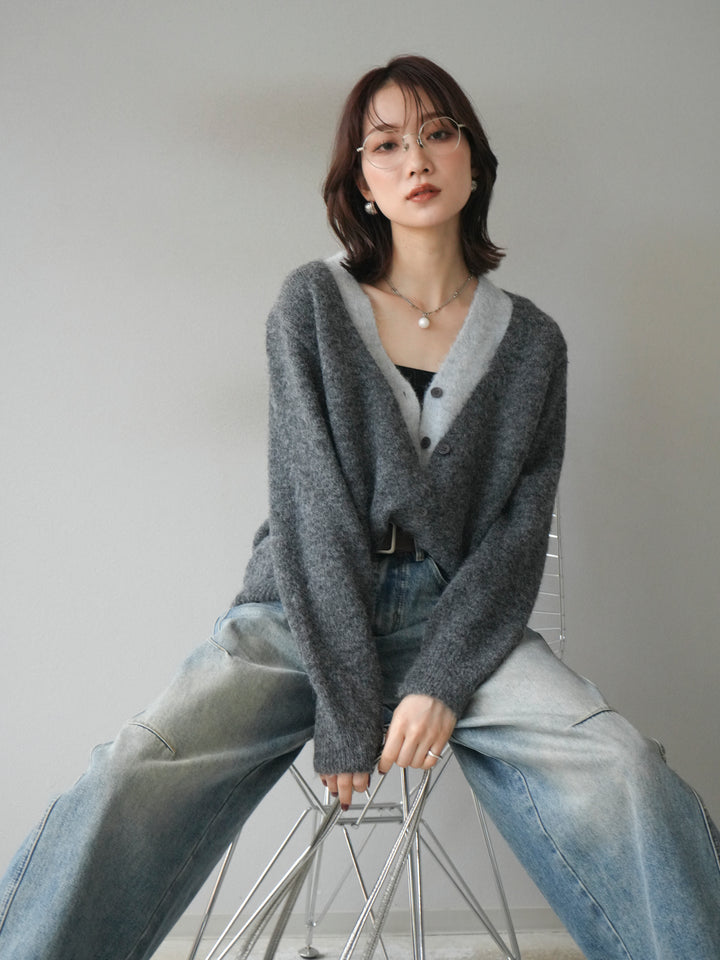 [予約]配色レイヤードニットカーディガン/gray