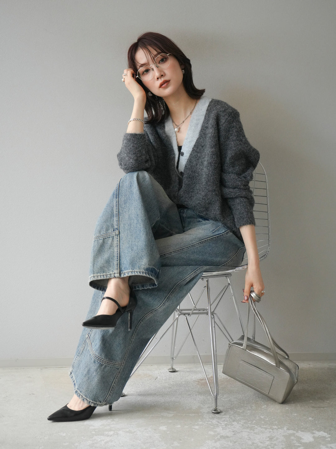 [予約]配色レイヤードニットカーディガン/gray