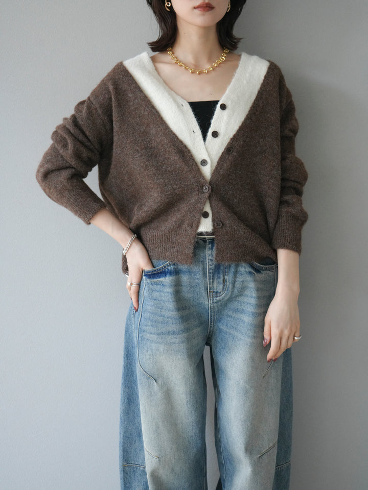 [予約]配色レイヤードニットカーディガン/brown