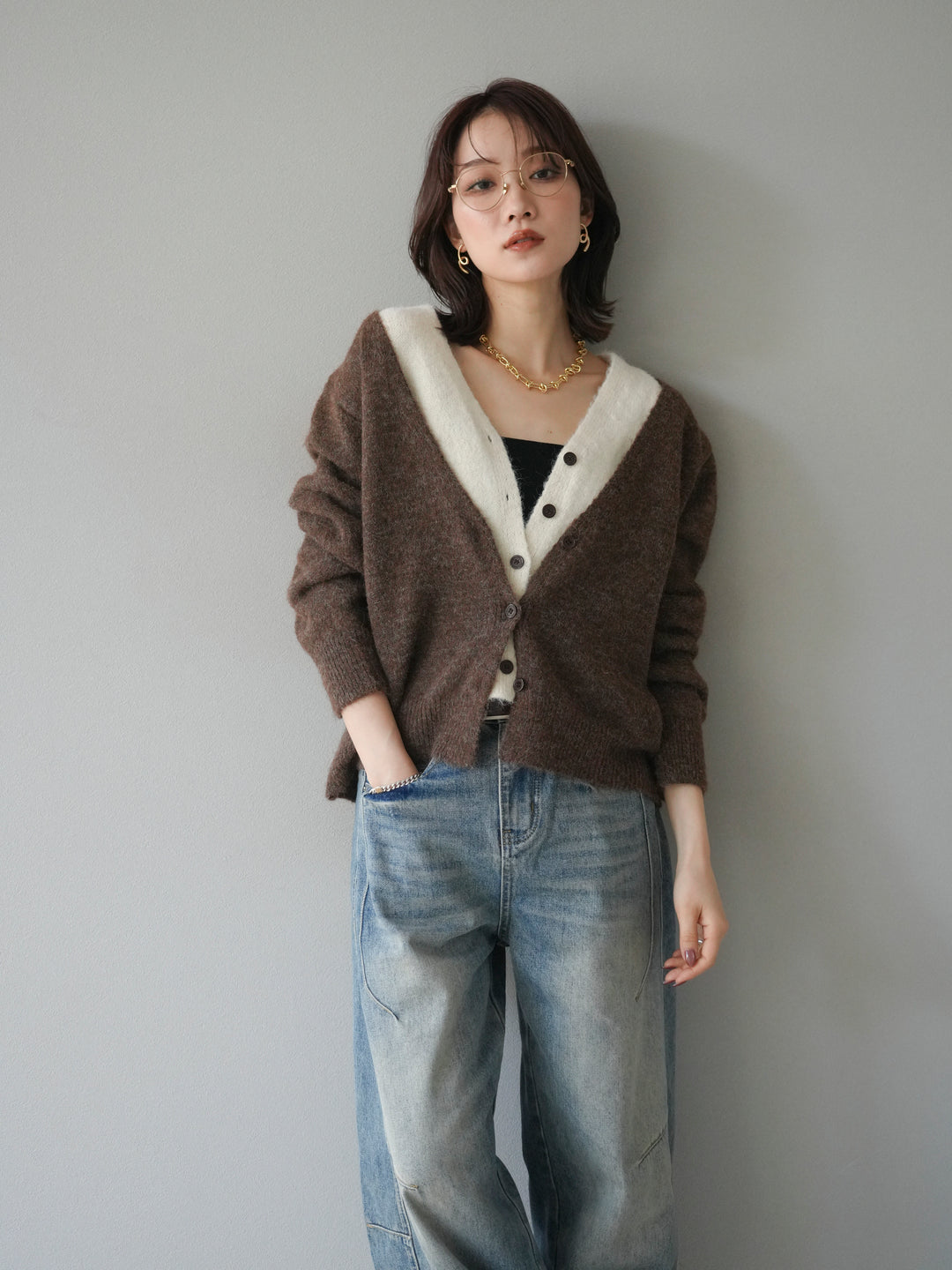 [予約]配色レイヤードニットカーディガン/brown