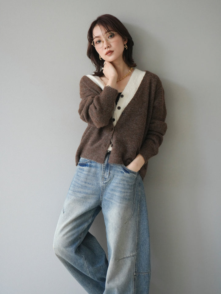 [予約]配色レイヤードニットカーディガン/brown
