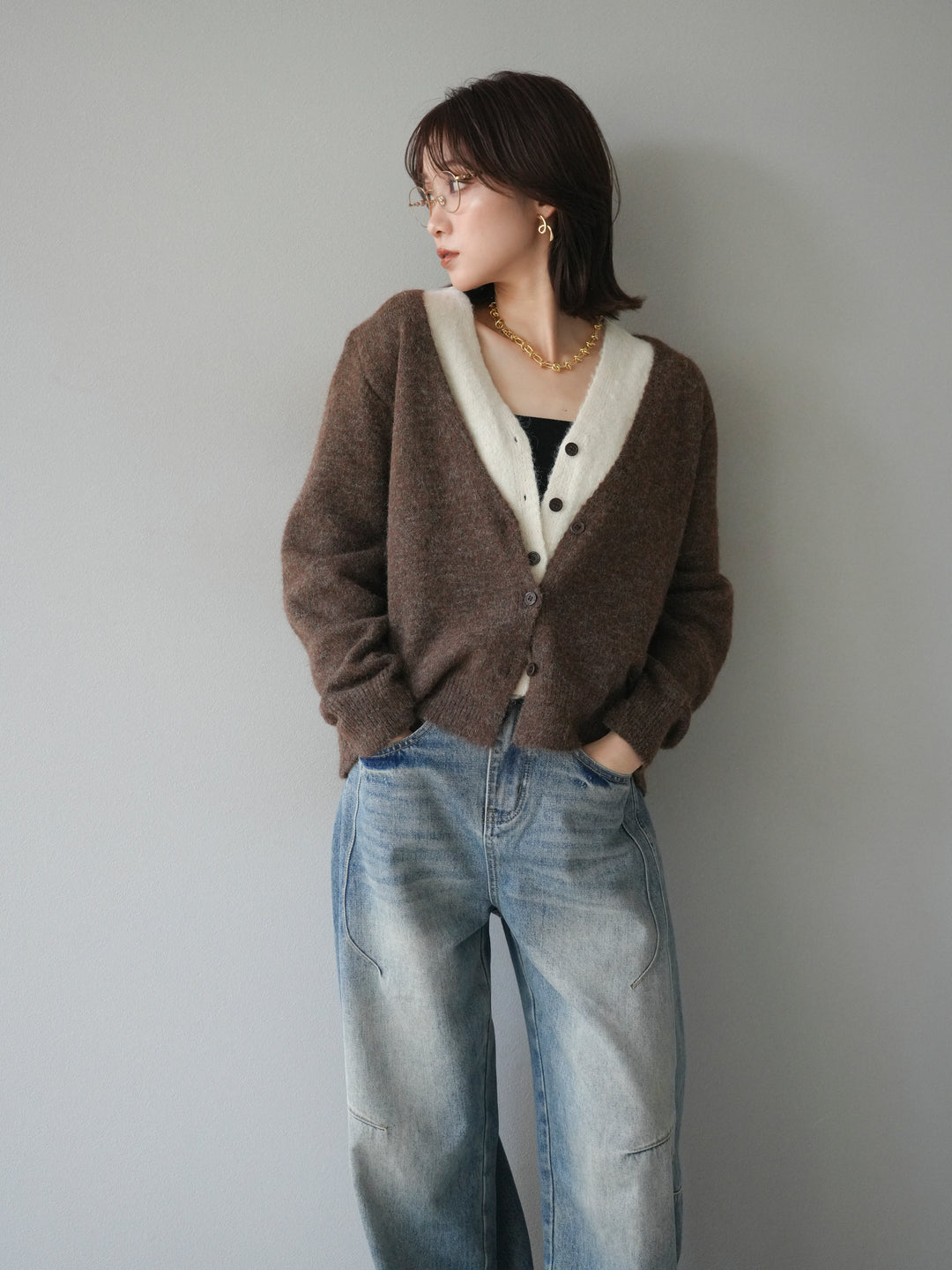 [予約]配色レイヤードニットカーディガン/brown