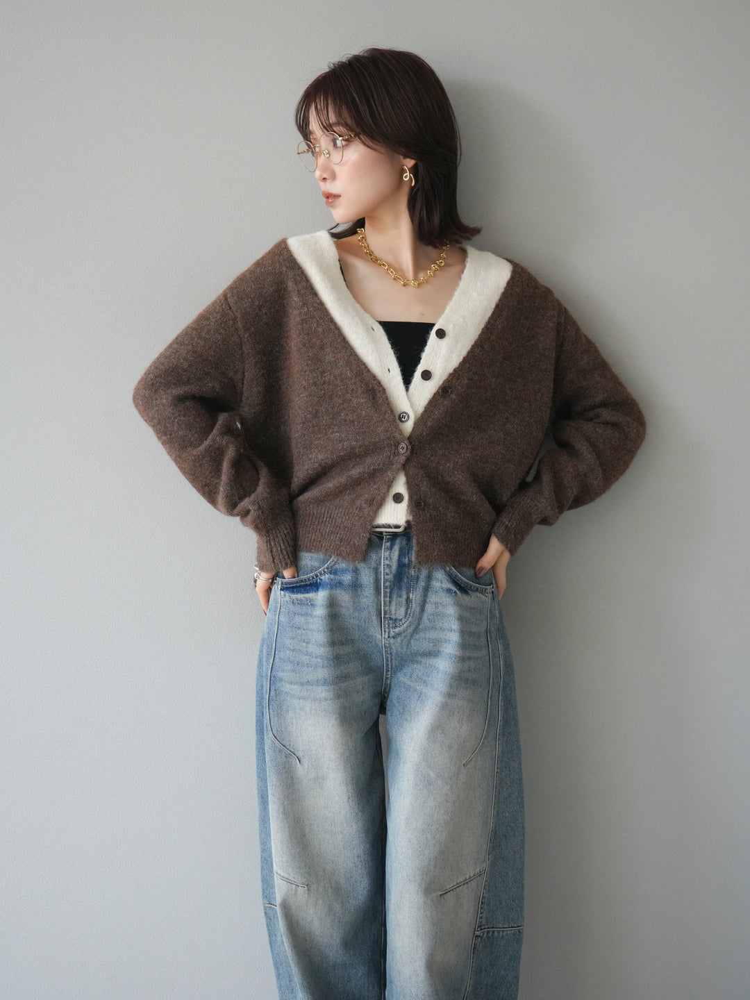 [予約]配色レイヤードニットカーディガン/brown