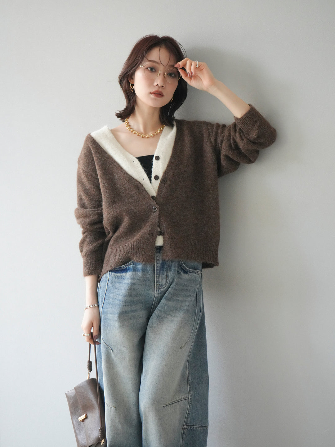 [予約]配色レイヤードニットカーディガン/brown
