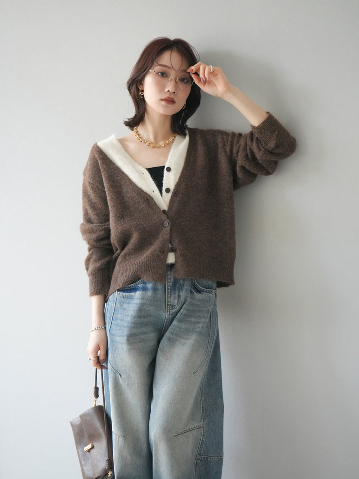 [予約]配色レイヤードニットカーディガン/brown