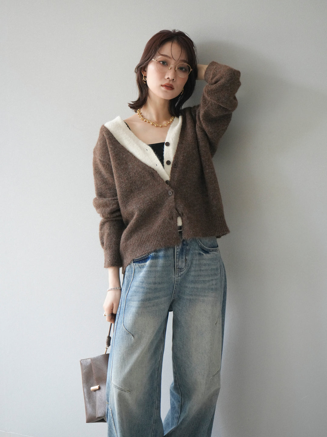 [予約]配色レイヤードニットカーディガン/brown