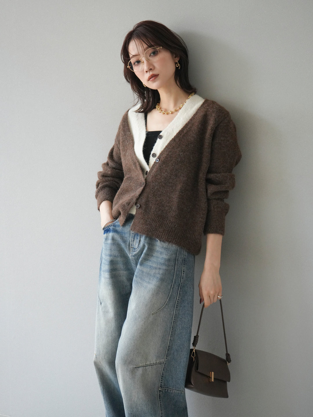 [予約]配色レイヤードニットカーディガン/brown