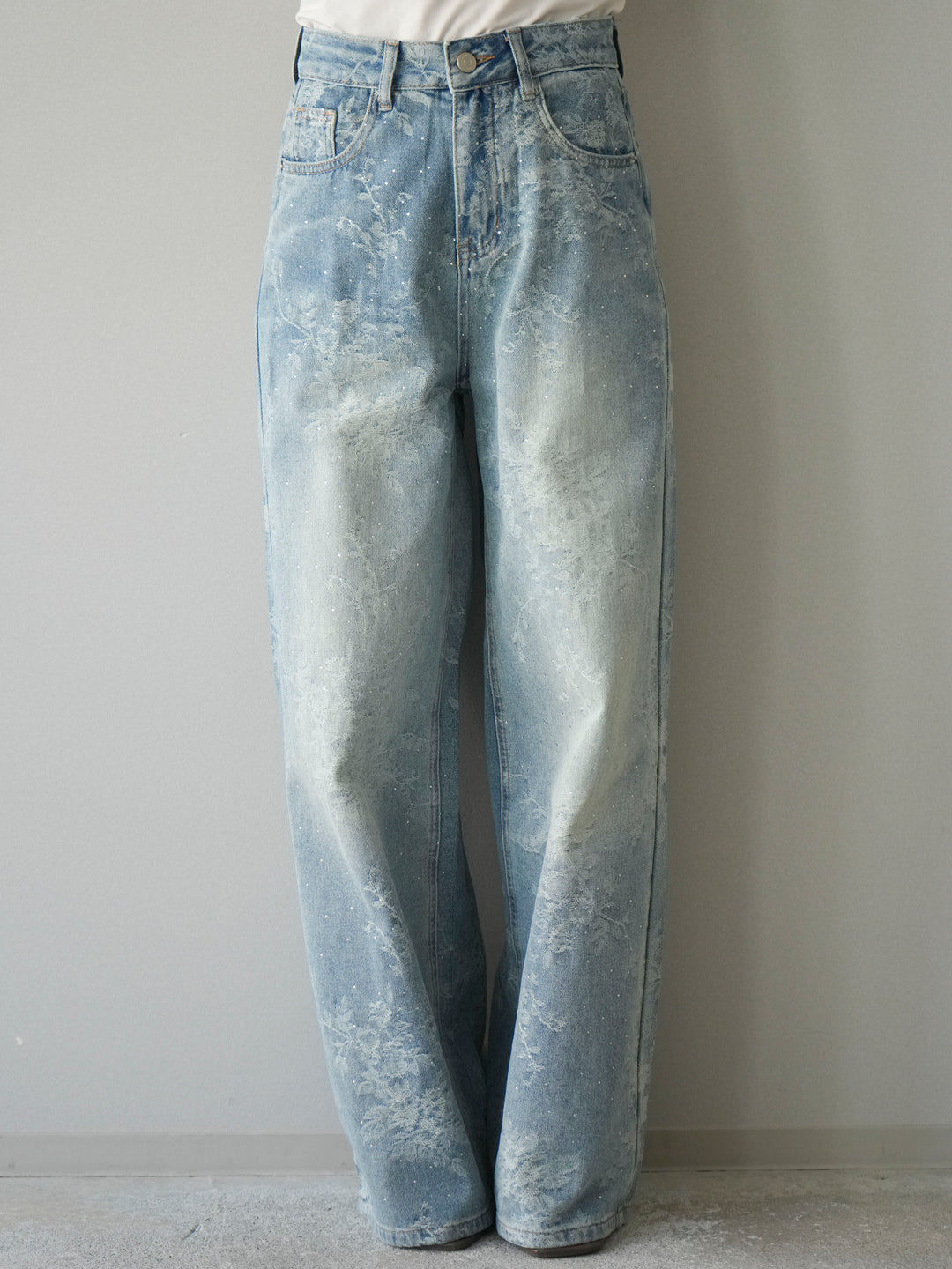 [予約]フラワー刺繍ビジューワイドデニムパンツ/lightblue