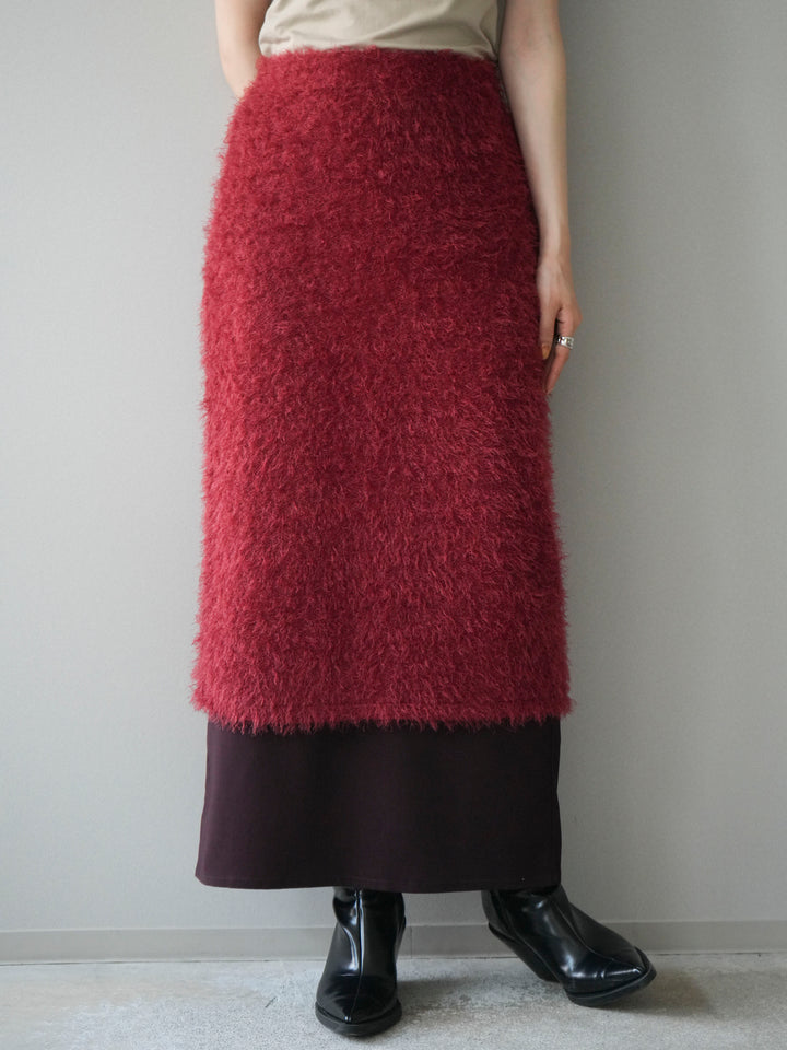 [予約]異素材バイカラーレイヤードシャギーニットスカート/red