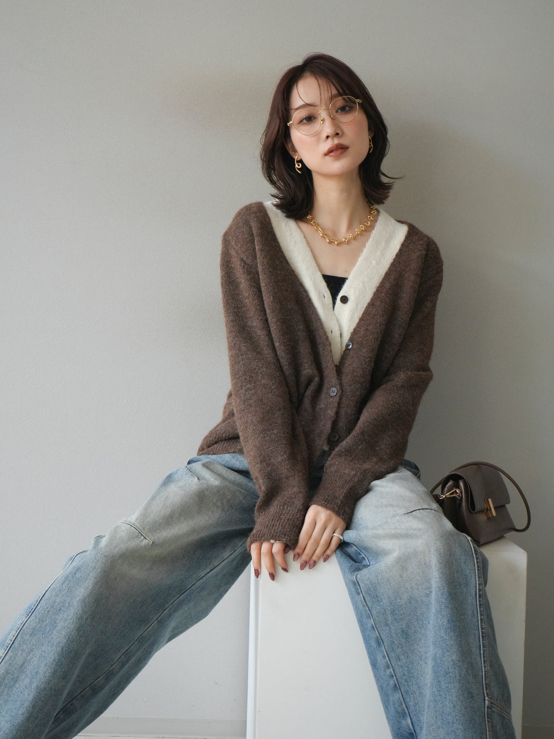 [予約]配色レイヤードニットカーディガン/brown