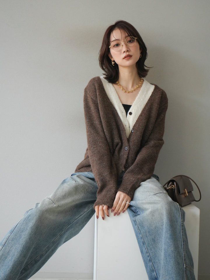 [予約]配色レイヤードニットカーディガン/brown