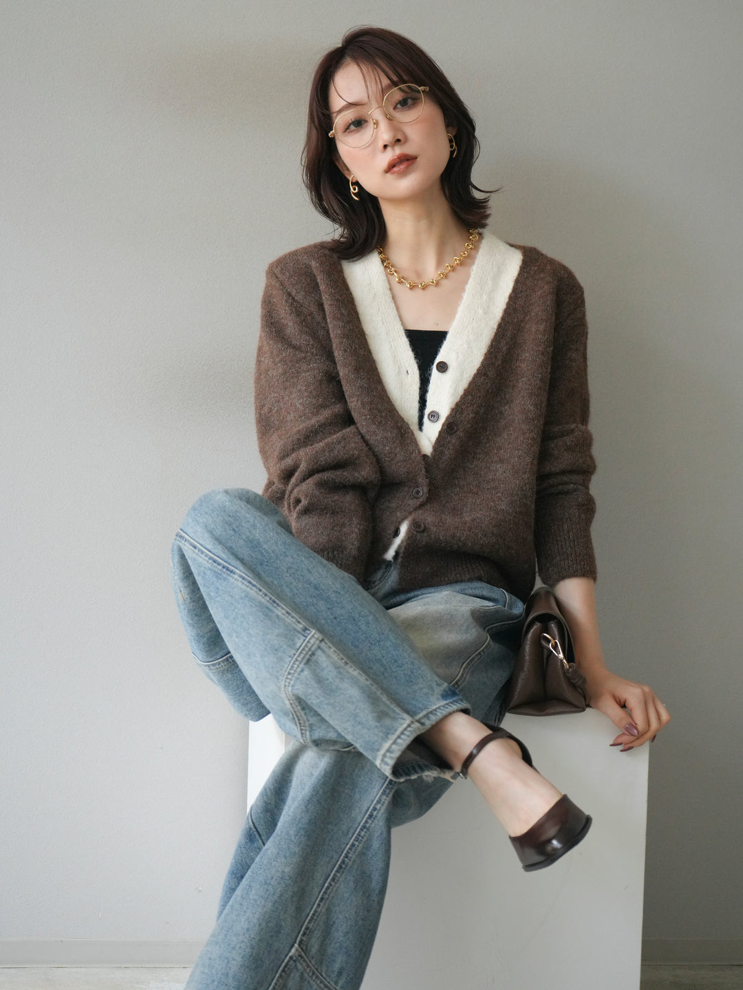 [予約]配色レイヤードニットカーディガン/brown