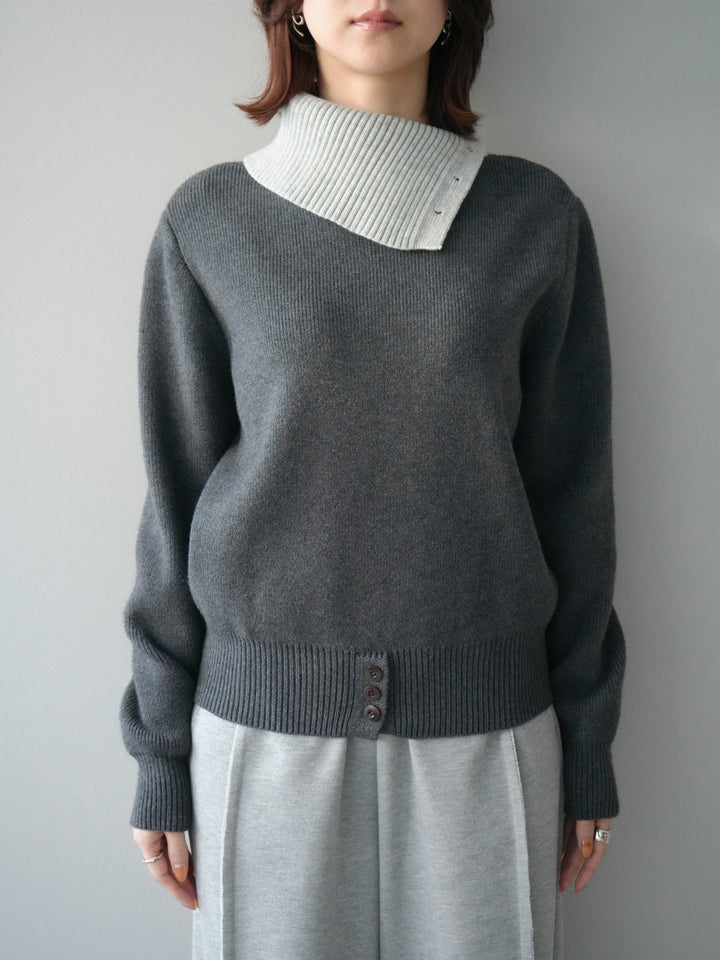 [予約]デザインネックバイカラーニットプルオーバー/charcoal