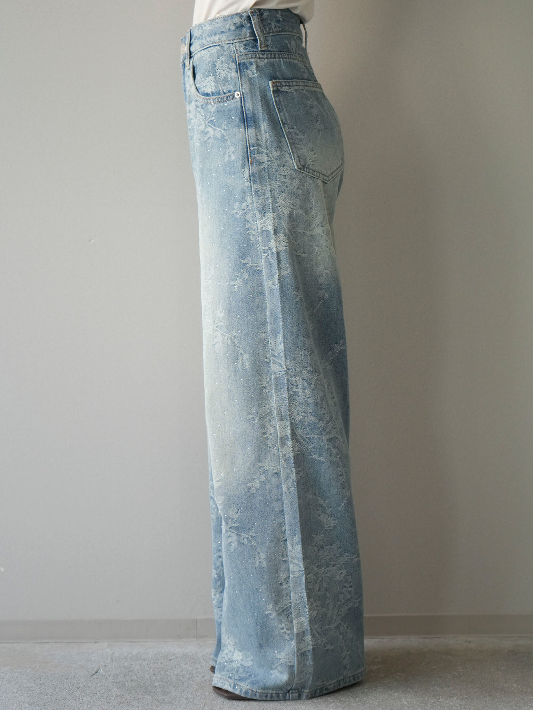 [予約]フラワー刺繍ビジューワイドデニムパンツ/lightblue
