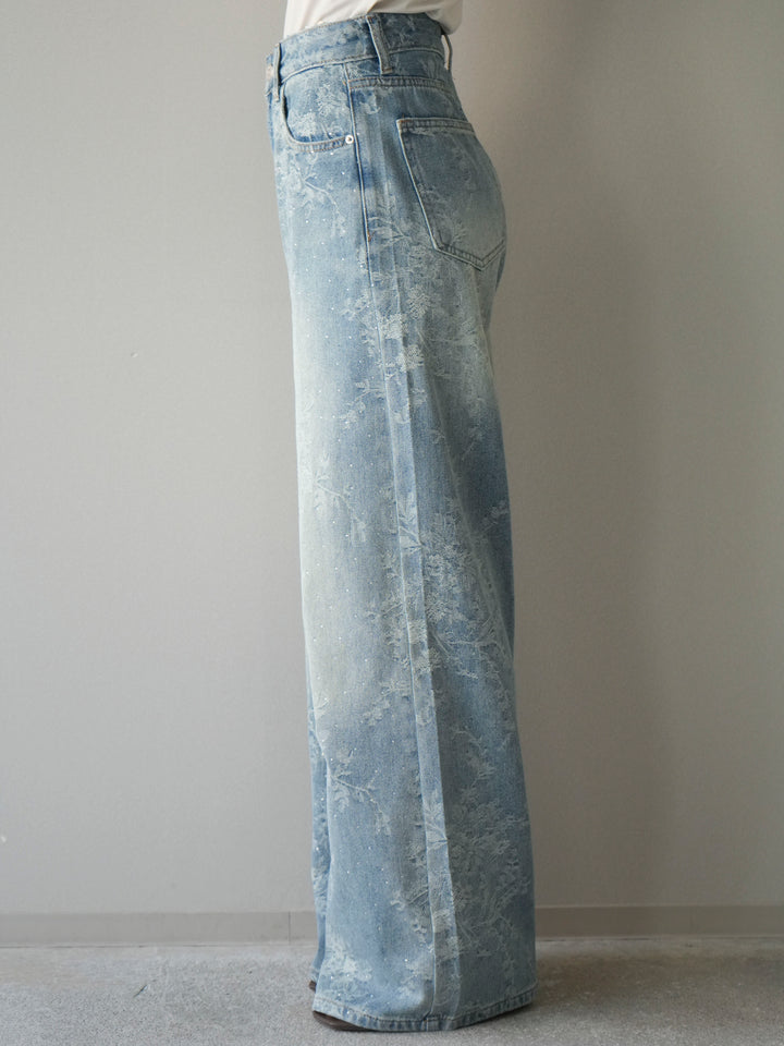 [予約]フラワー刺繍ビジューワイドデニムパンツ/lightblue